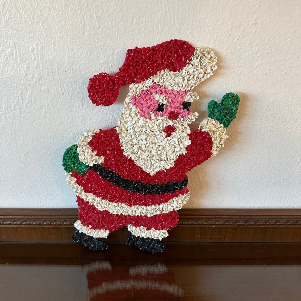 Vintage Melted Popcorn Plastic Santa Claus Wall Hanging Christmas Decor 15"
